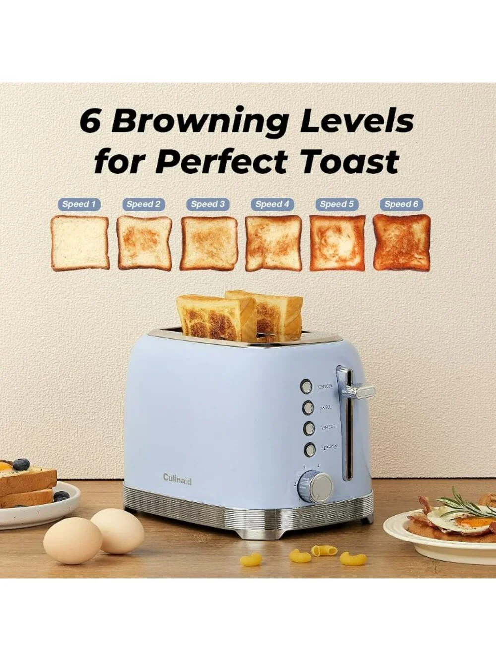 2 Slice Retro Blue Stainless Steel 1.5” Extra Wide Slots with Bagel Toaster